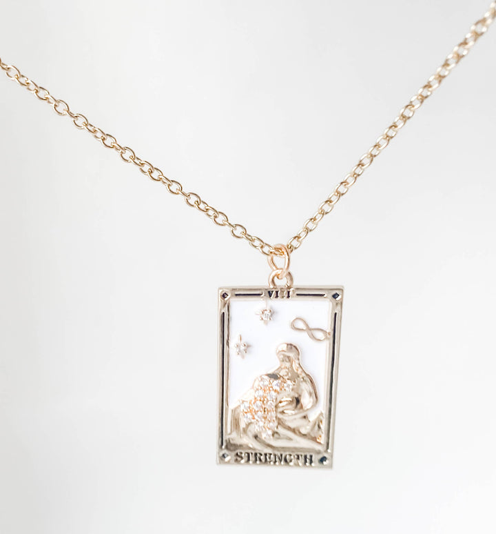 Tarot Card Necklace- Strength- Wrestling a Lion. 18K Gold