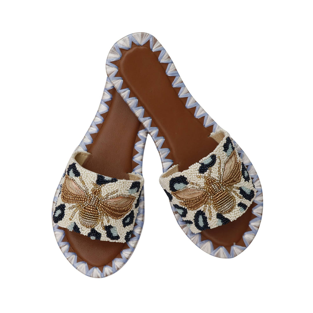 Queen Bee Beaded Slides. Blue Leopard Glam