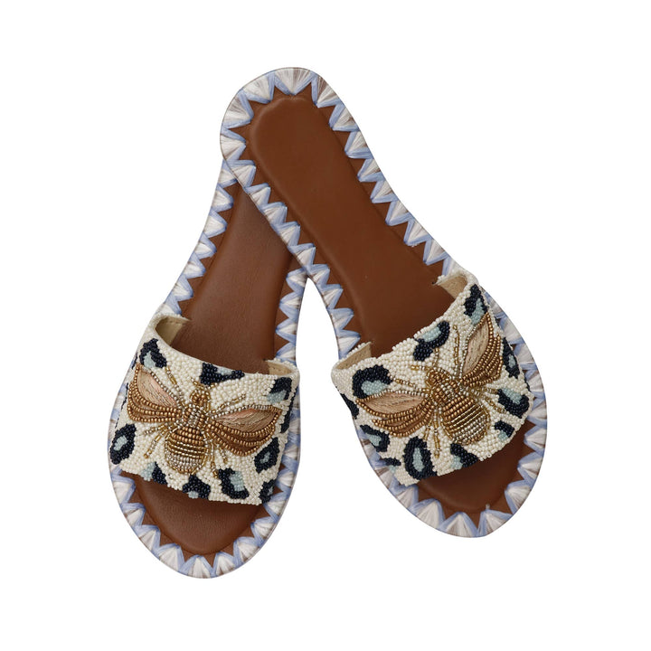 Queen Bee Beaded Slides. Blue Leopard Glam