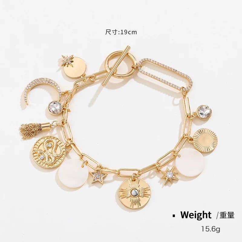 Celestial Coin & Charm Bracelet Moon, Sun Charms
