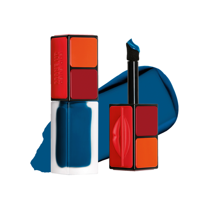 Colorful makeup products including a compact and a lip product on a transparent background