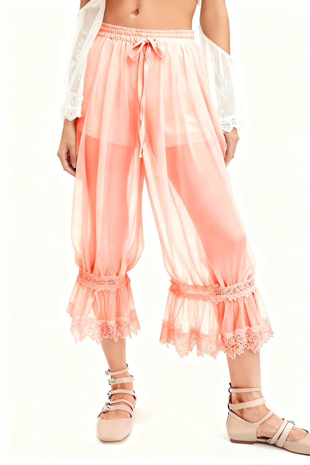 Boho lace trim mesh Bloomer Pants