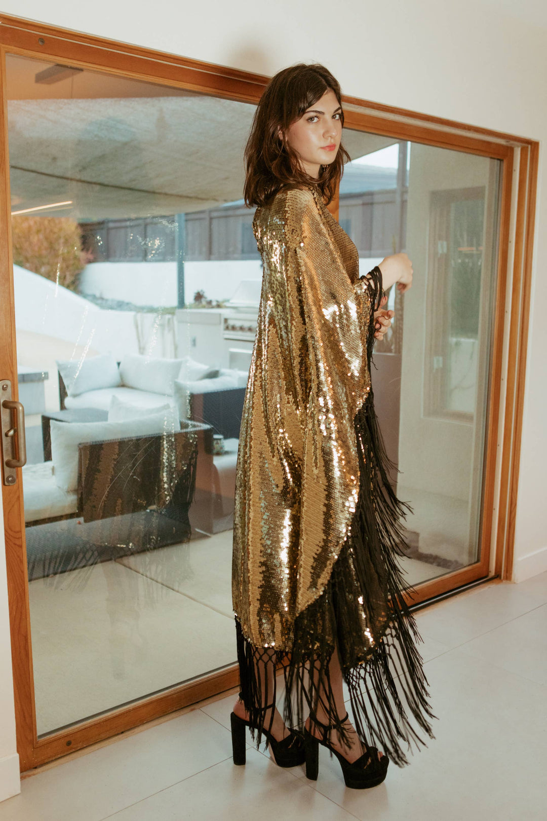 Gold Sequin Mock Neck Caftan Dress with Slip-Midnight Cabaret