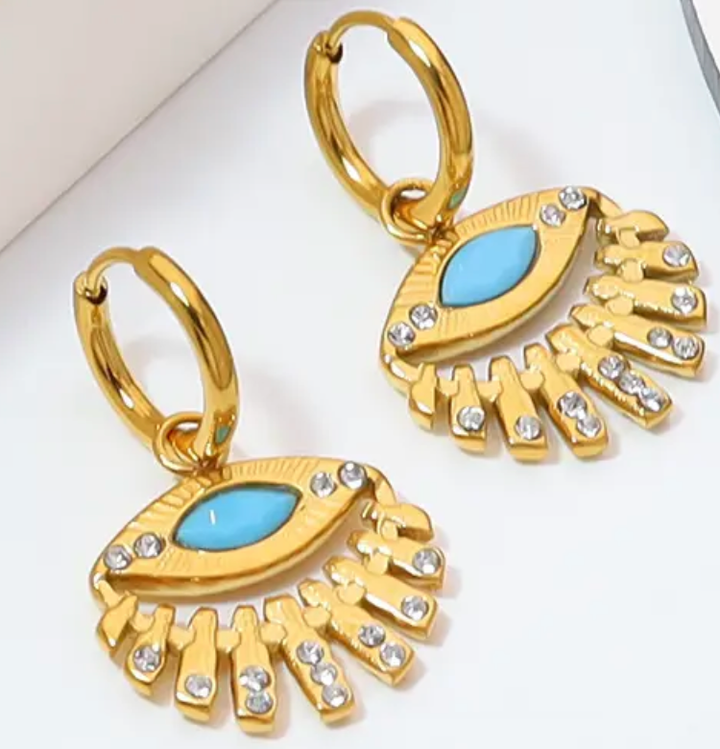 Evil Eye Charm Hoop Earrings- Stainless Steel 14K
