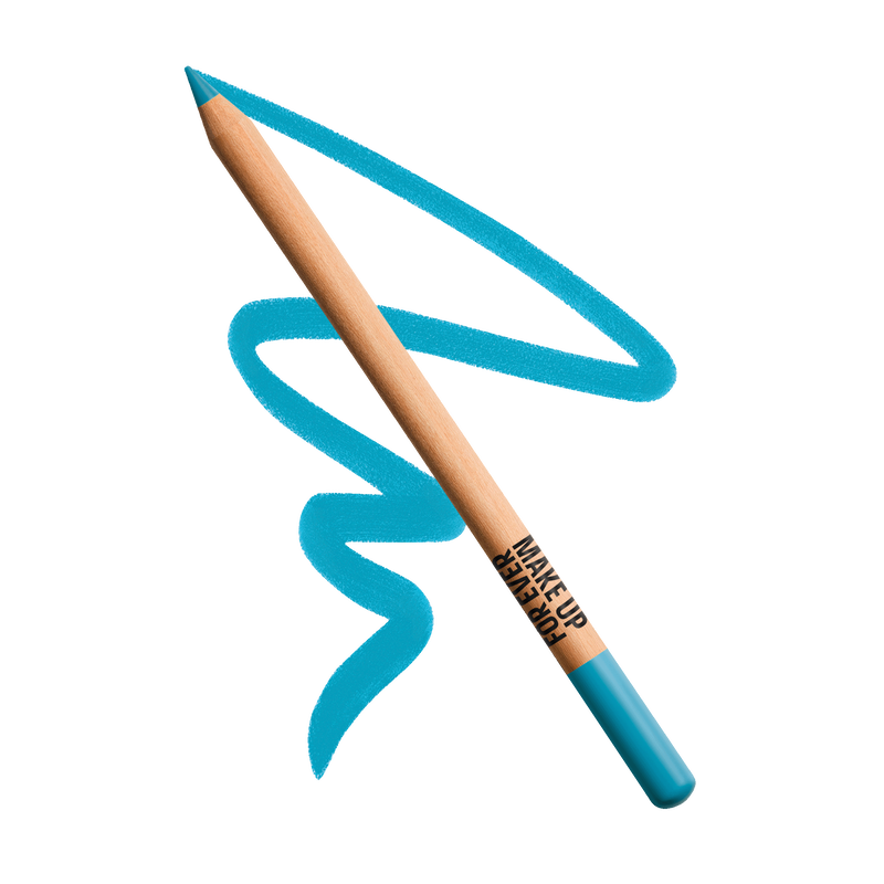 Blue makeup pencil with a blue line on a white background