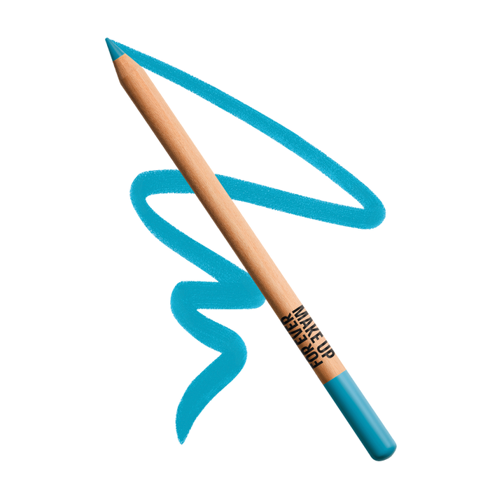 Blue makeup pencil with a blue line on a white background