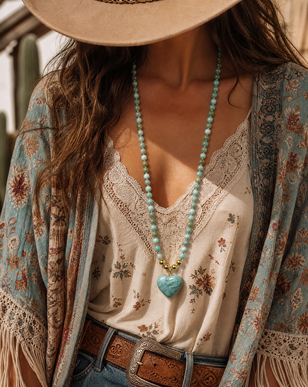 Amazonite Beaded Necklace | Handmade Boho Heart Necklace