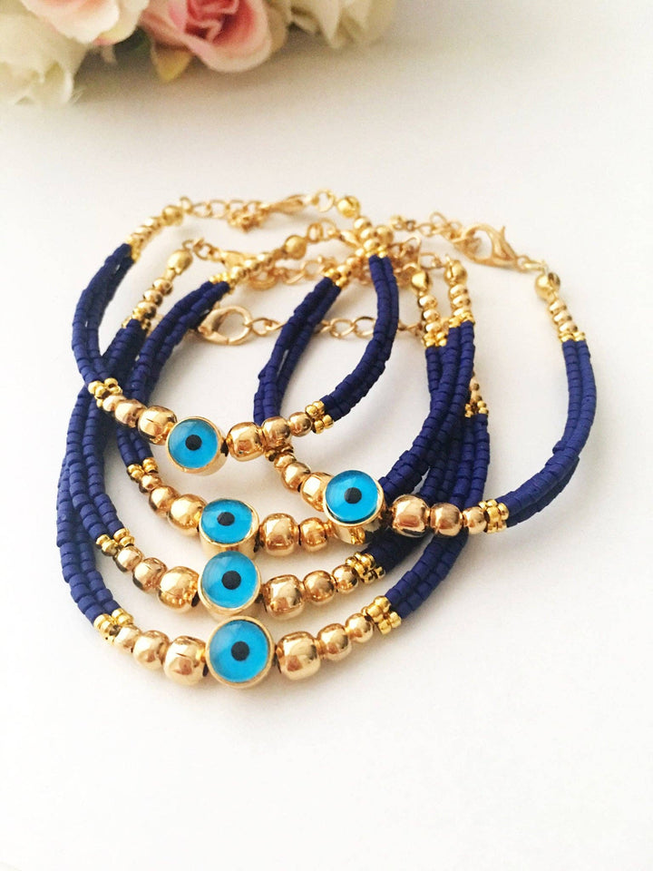 Blue Evil Eye Bracelet with Seed Beads and Evil Eye Charm Bracelet