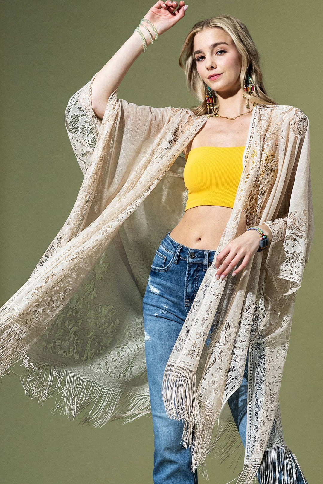 Floral Lace Kimono With Tassel