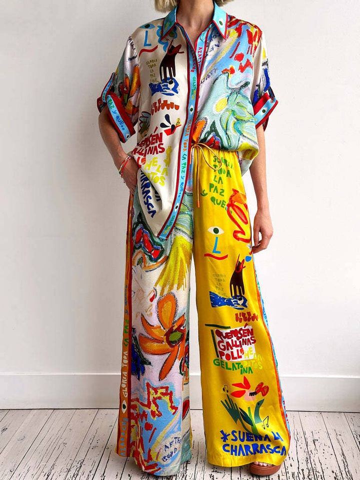 Unique Resort Print Loungewear Set With Elastic Waist And Pockets
