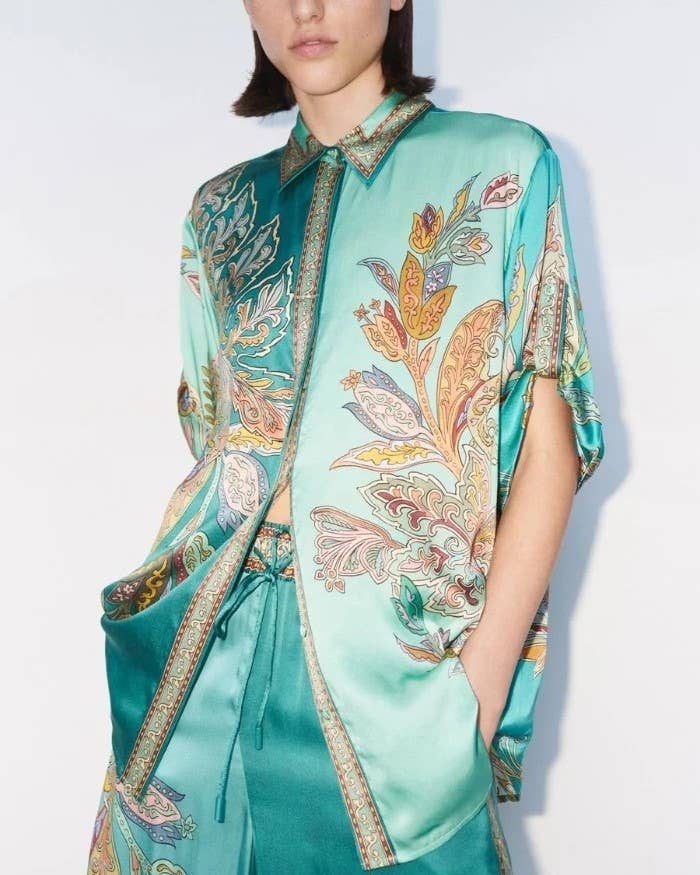 Satin Unique Retro Flower Print Shirt And Pants Set