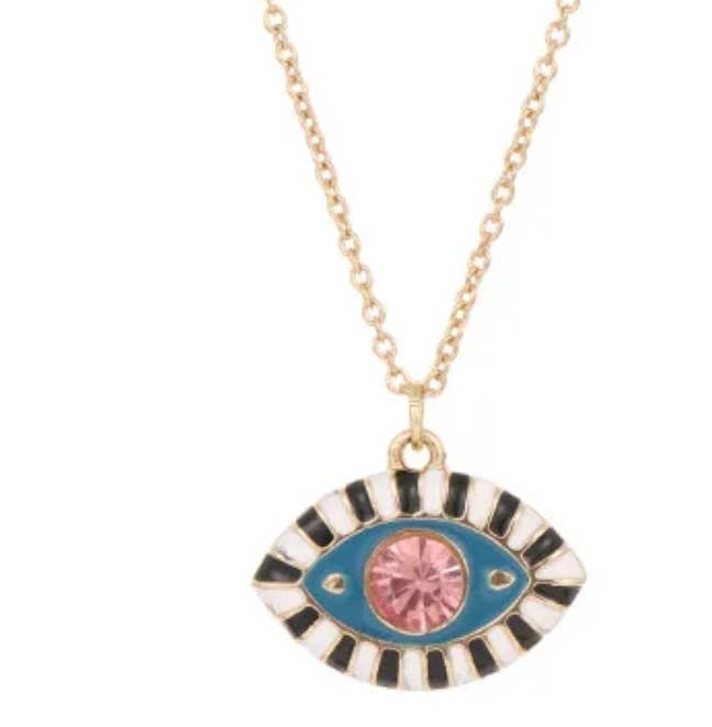 Evil Eye Third Eye Enamel and Crystal Pendant Necklace