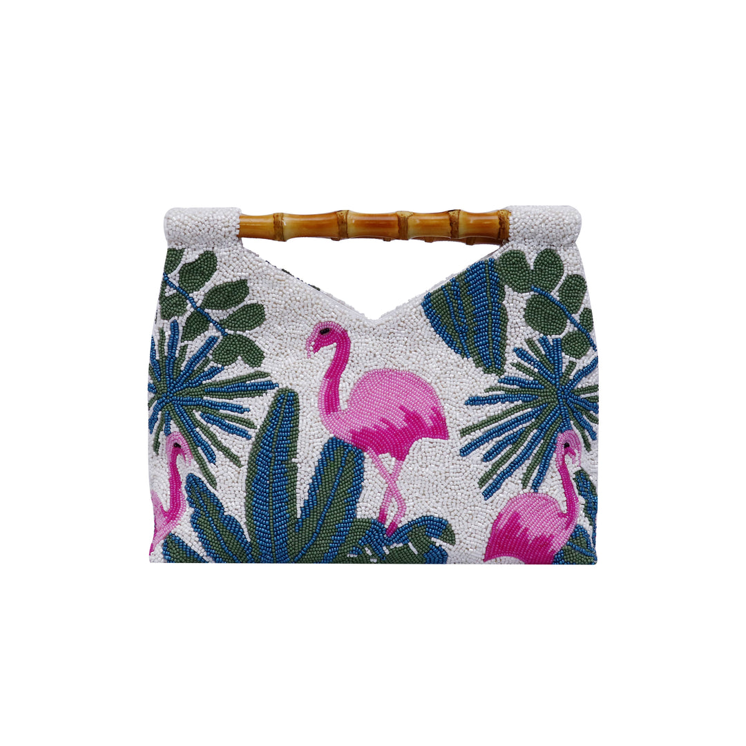 Hand Beaded White & Flamingo Purse With Bamboo Handle