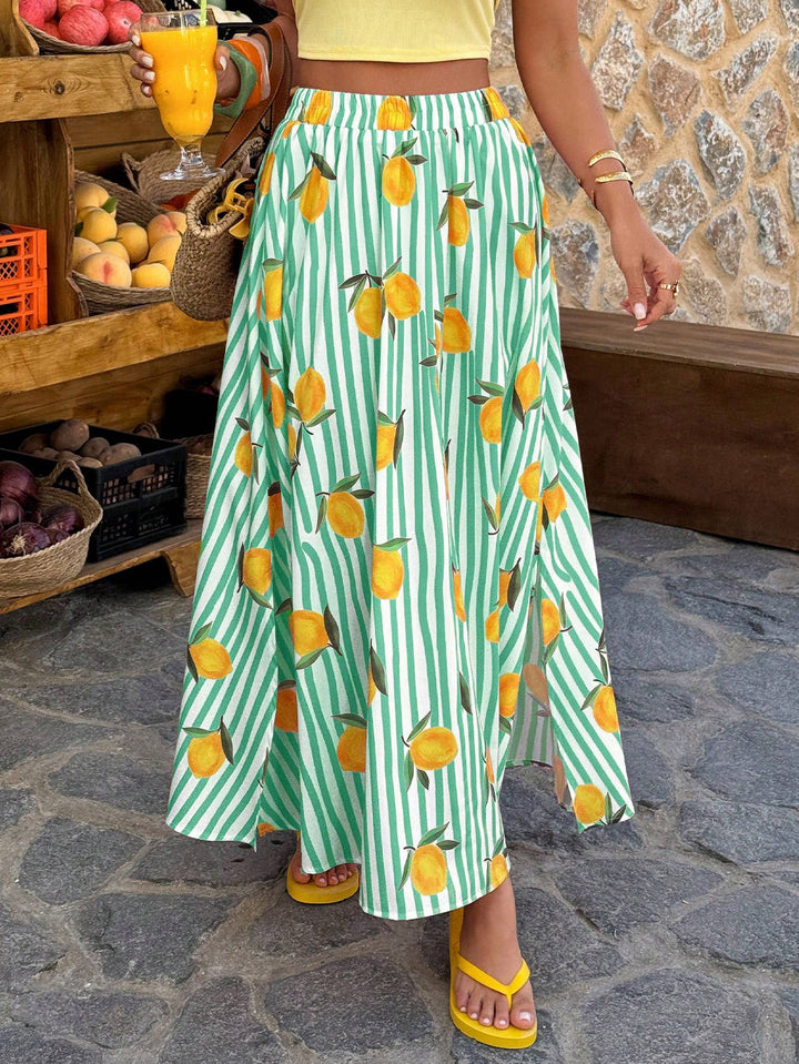 Striped Colorful A-Line Beach Flowy Skirt Blue Stripes With Lemons