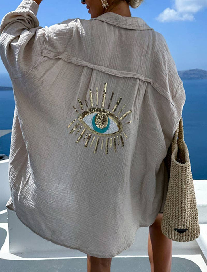Stylish Button-Down Shirt with Eye Embroidery