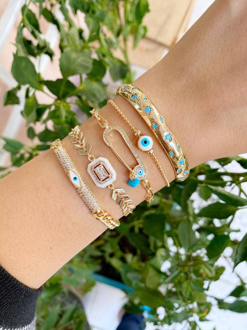 White Evil Eye Bracelet, Gold Evil Eye Jewelry Set, Greek Ev
