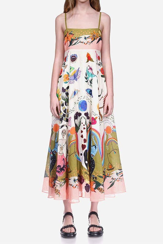 Wonderland print swing strap fairy midi dress