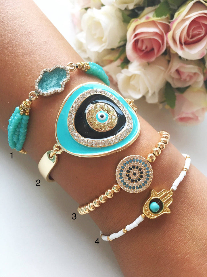 Adjustable Gold Bracelet: Style 1 in Pink (Hamsa Hand)