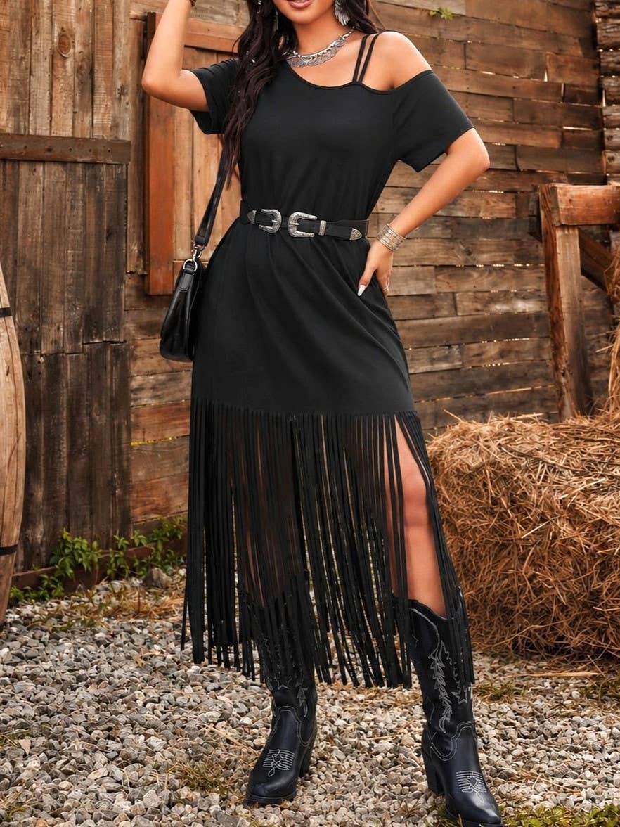 Western Off The Shoulder Dress With Fringe Hem