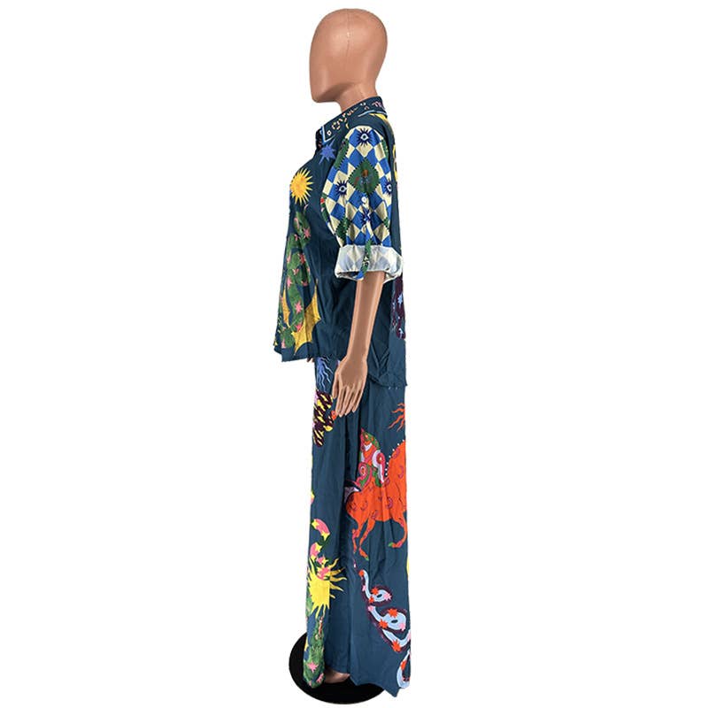Wonderland print polyester blouse pants 2 piece set