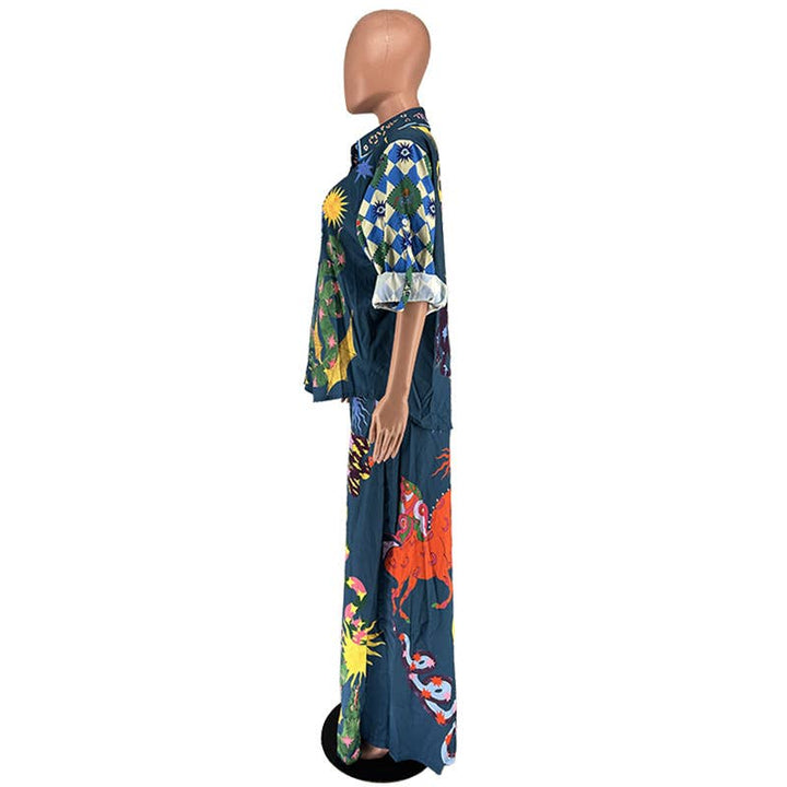 Wonderland print polyester blouse pants 2 piece set
