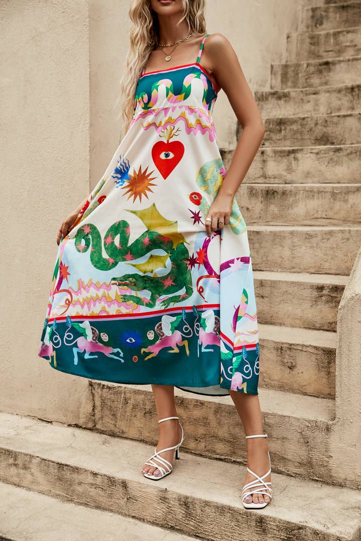 Wonderland print swing strap fairy midi dress