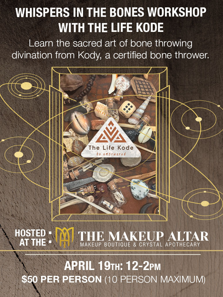 Advertisement for 'Whispers in the Bones Workshop with The Life Kode' at The Makeup Altar.