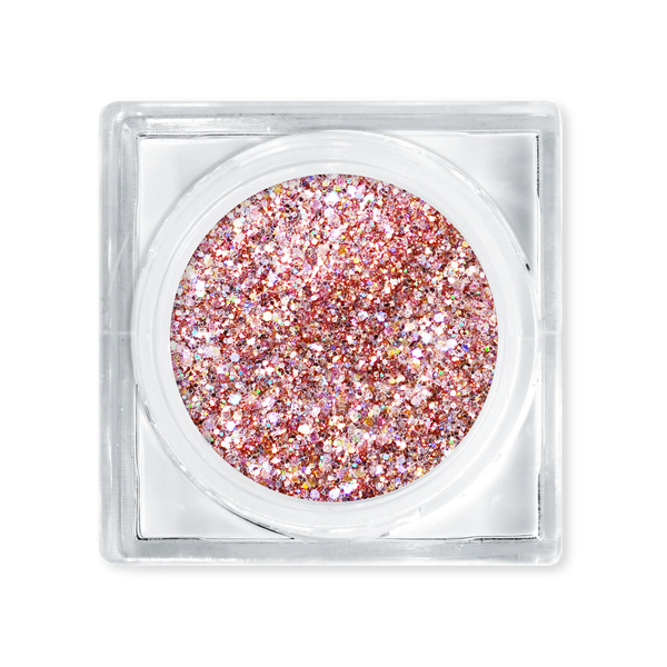 Pink glitter in a clear container on a white background