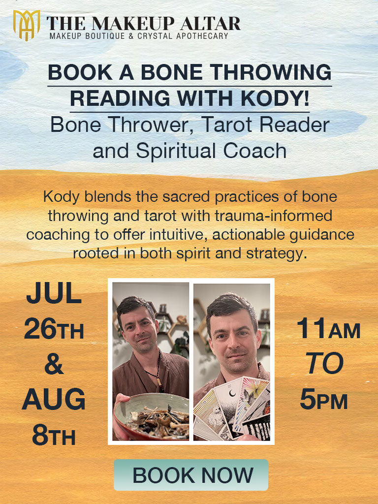 Advertisement for bone throwing reading with Kody at The Makeup Altar.