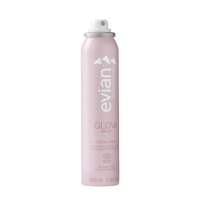Evian facial mist bottle on a white background