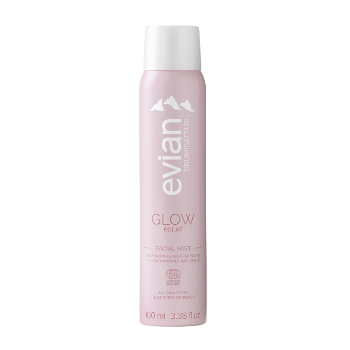 Evian facial mist bottle on a white background