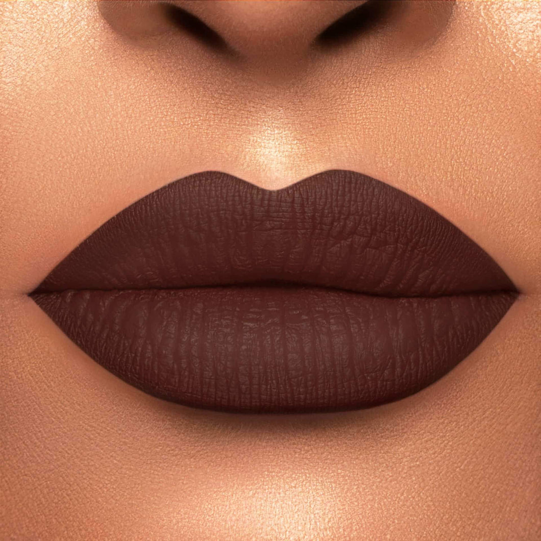 This is a light skin tone lip swatch of the Chocolate Wasted Liquid Matte Lip.