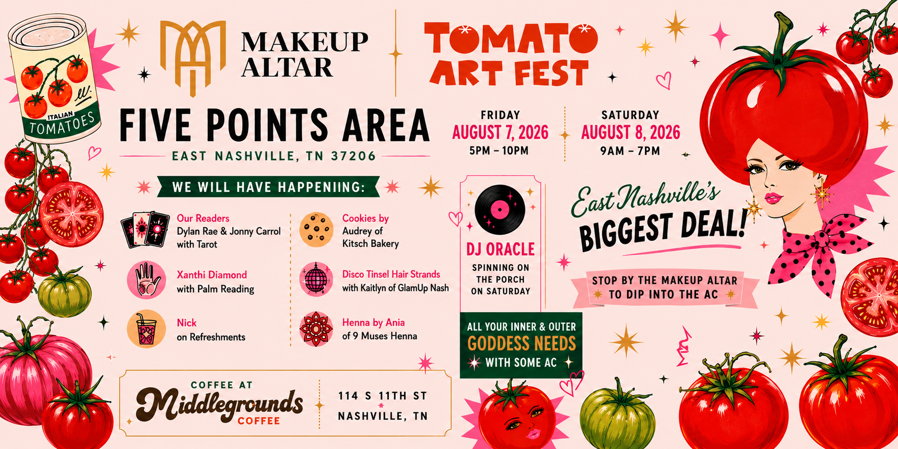 Promotional flyer for the Makeup Art Fest in Five Points Area, East Nashville, TN, featuring illustrations of tomatoes, a retro-style woman, and event details on a pink background.