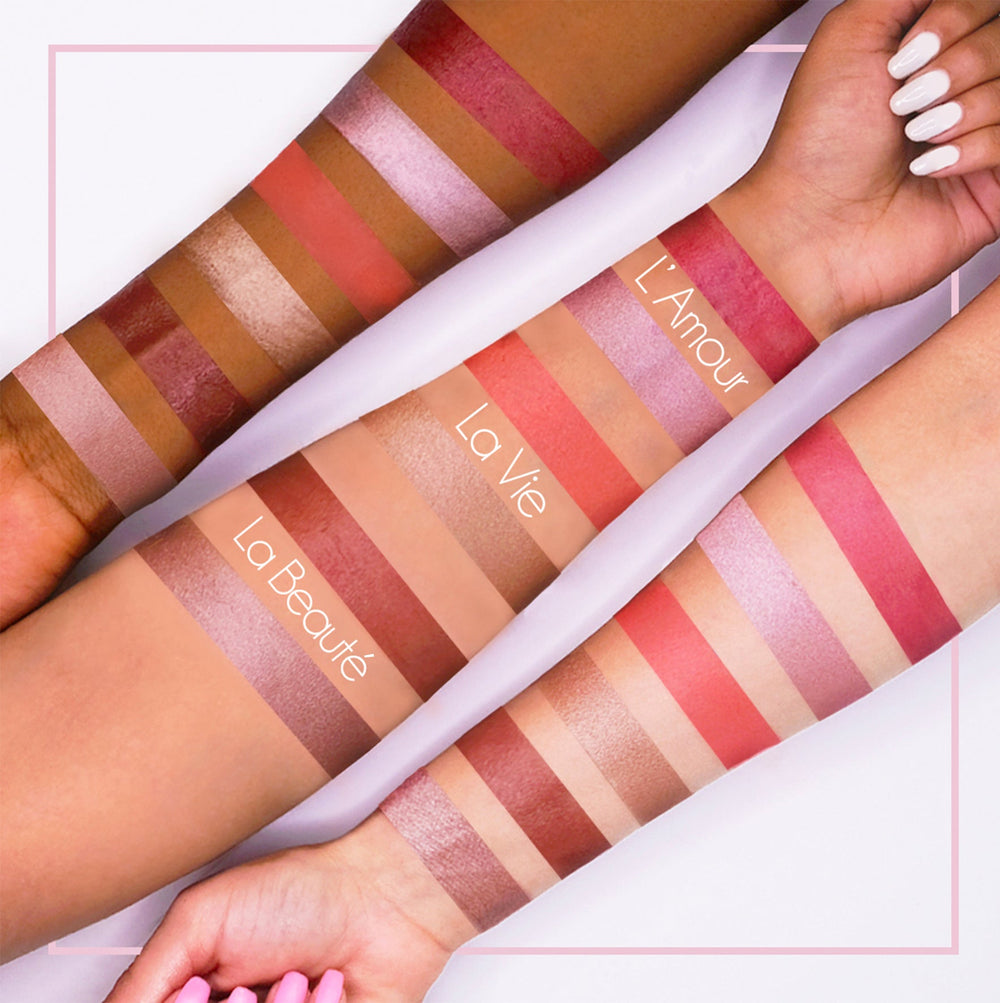 LaVie Cheeky Tint & Glow Duo with swatches on different skin tones