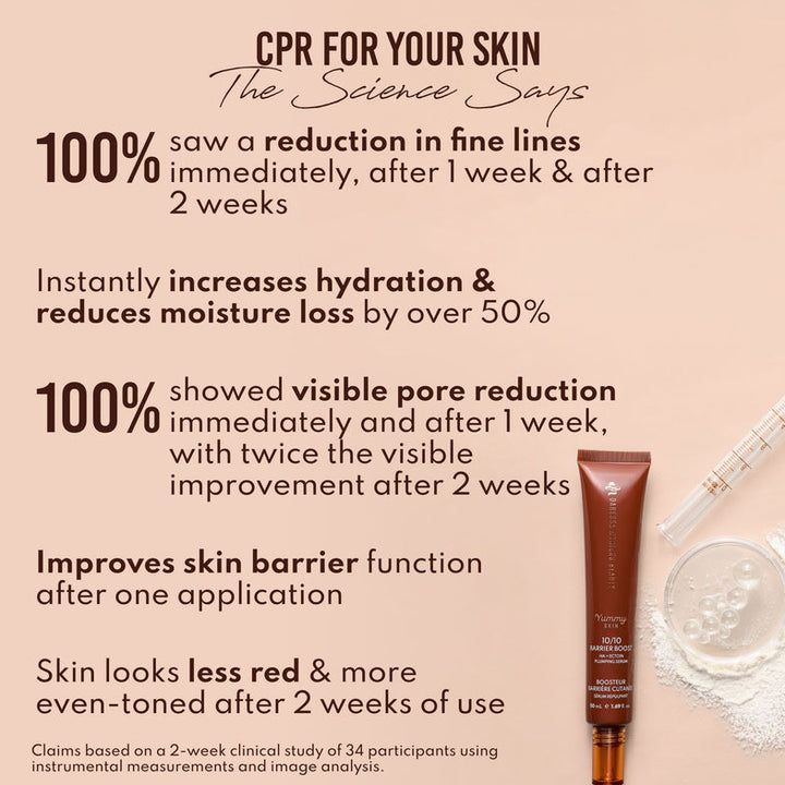 Cosmetic product with text highlighting skincare benefits on a beige background