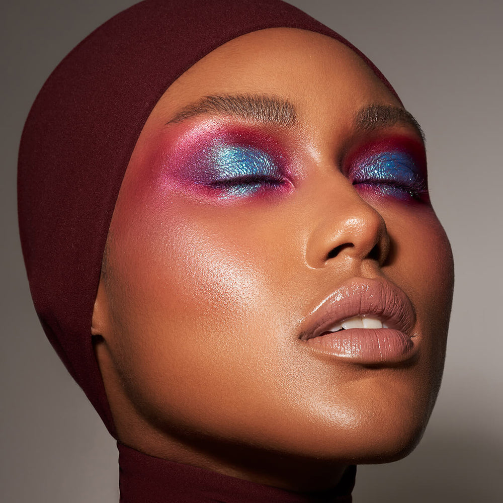 This is a model wearing a pink and blue eye. The blue is the mermaid colorfix foil