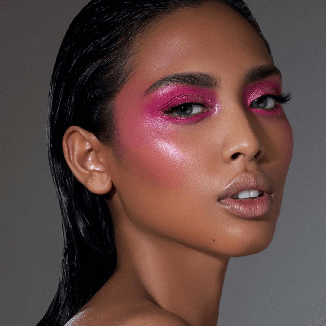 This is a model wearing the colorfix matte valentine shade on her eyes and as blush. The blush is blended while the eyes has the pigment more concentrated. The eyes and cheek pop with the glitter and highlight added on top.