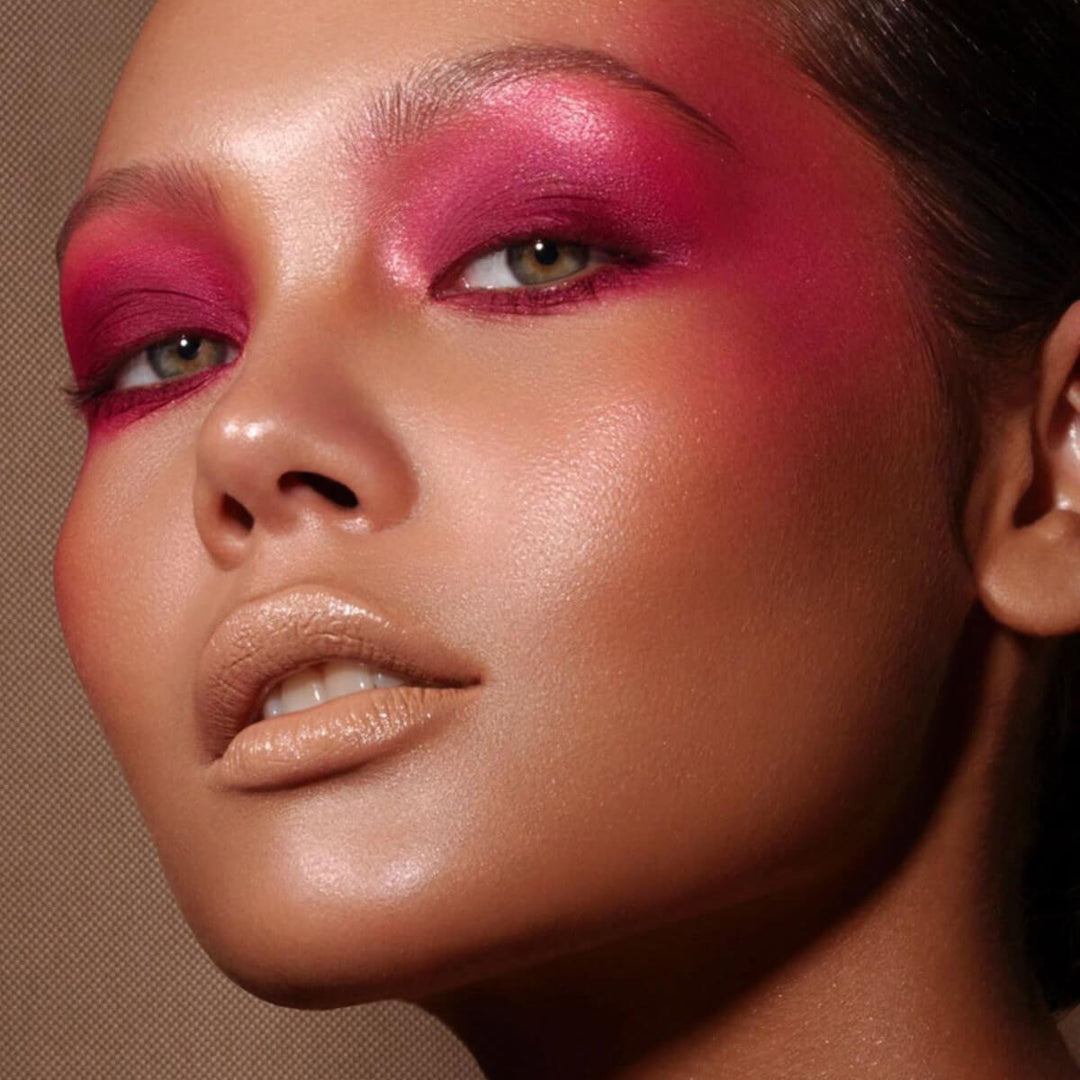 This is a model with a nude lip and the colorfix matte valentine shade on her eyes and around the eyes. As you can see the eyes have the shade more concentated with it blended out as you look to the side of the eye with a beautiful orange mixed in as well.