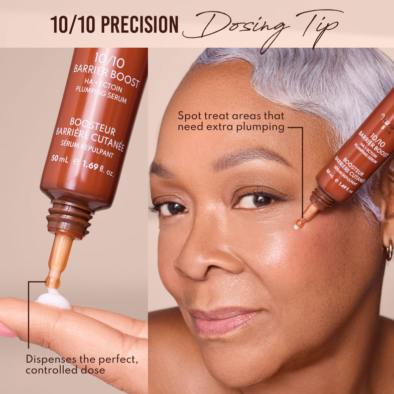 Barrier boost serum being applied to a woman's face with close-up of dosing tip.