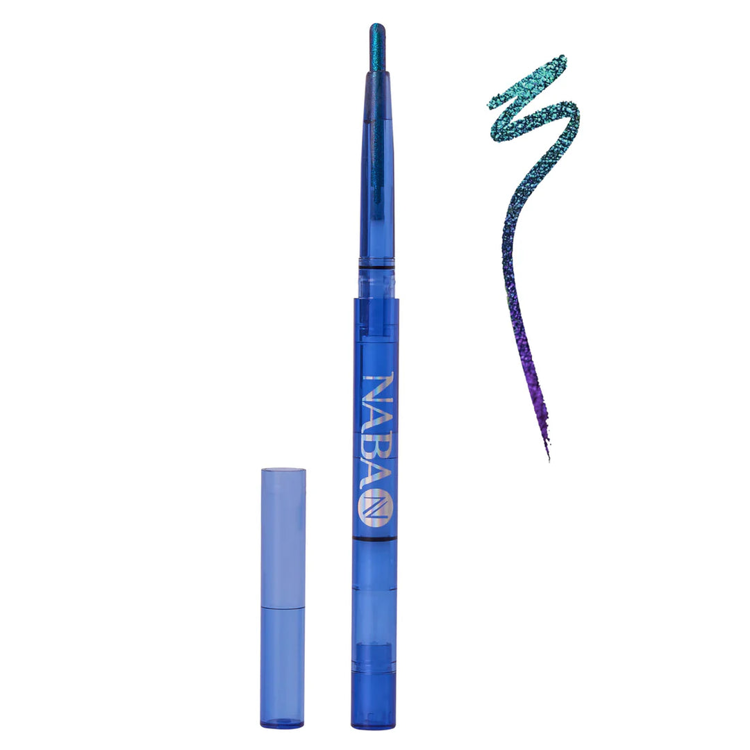 Blue eyeliner pen with a wavy line of blue glitter on a white background
