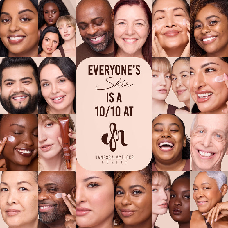 Collage of diverse faces with a central banner promoting Danessa Myricks Beauty.