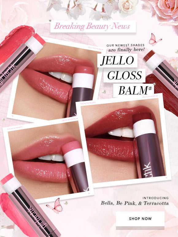 Banner announcing the newest shades of Jello Gloss Balm from Girlatick, featuring close-up images of glossy lips in pink shades and product shots of the balm. The banner highlights the shades Bella, Be Pink, and Terracotta and invites customers to shop now. This banner will be added to The Makeup Altar website.