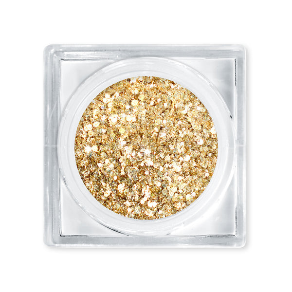 Gold glitter in a clear container on a white background