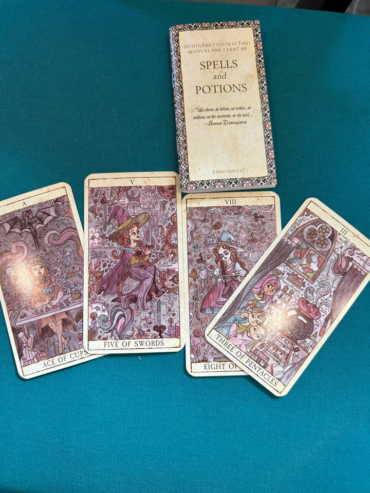 These are cards from the tarot of spells and potions deck along with the booklet that comes with the deck.