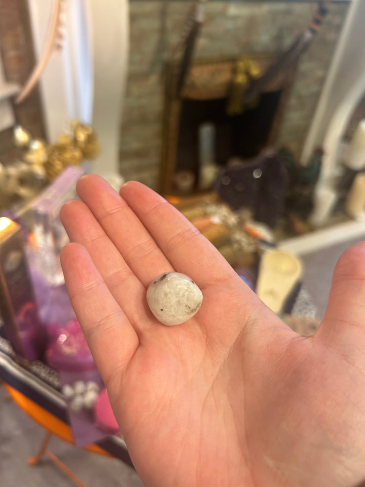 Moonstone Tumbler in palm of my hand