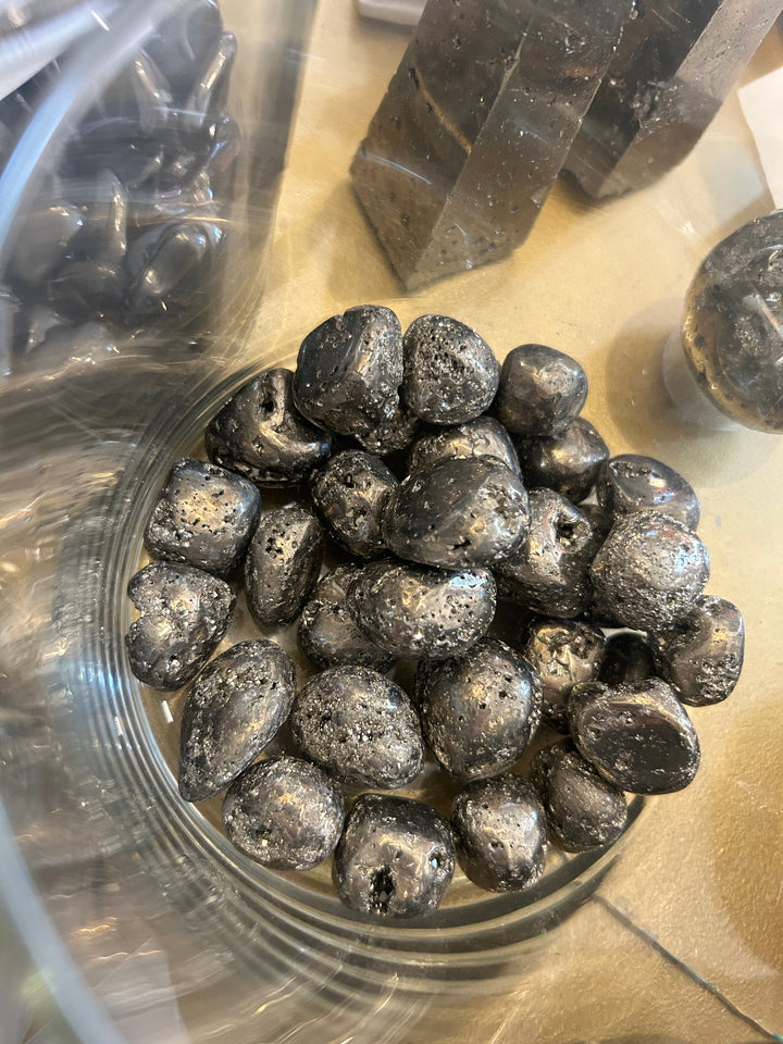 Pyrite Tumblers in a jar