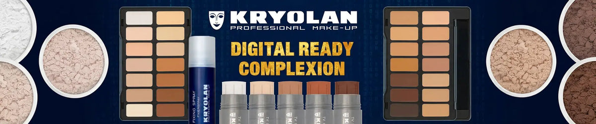 Kryolan Digital Ready Complexity makeup set shown in a wide promotional layout on a dark navy background. The set includes two large eyeshadow palettes with warm neutral shades, several small cosmetic bottles, a blue Kryolan tube, and circular close-up swatches of powder products on both sides.
