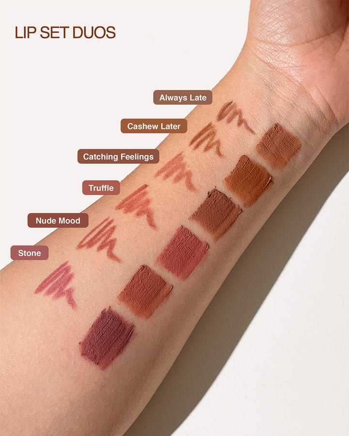 This is all the duo sets swatched on a lighter skin tone