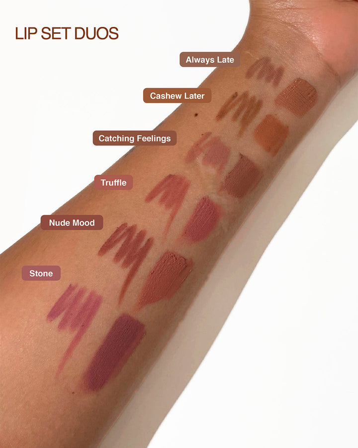 This shows all of the duo sets swatched on a darker skin tone
