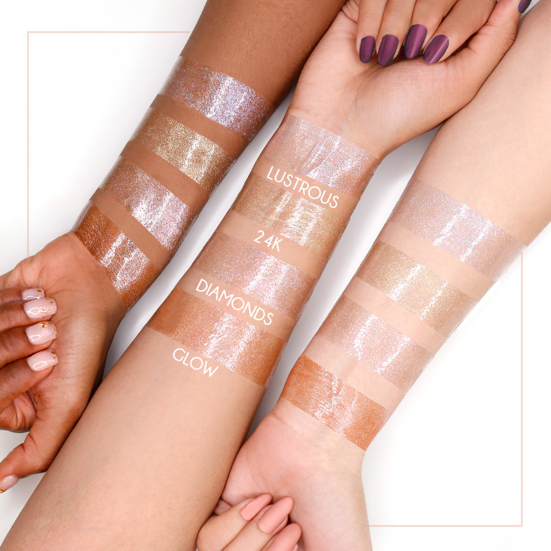 Lustrous Lip Pearls Glosser swatched on different skin tones